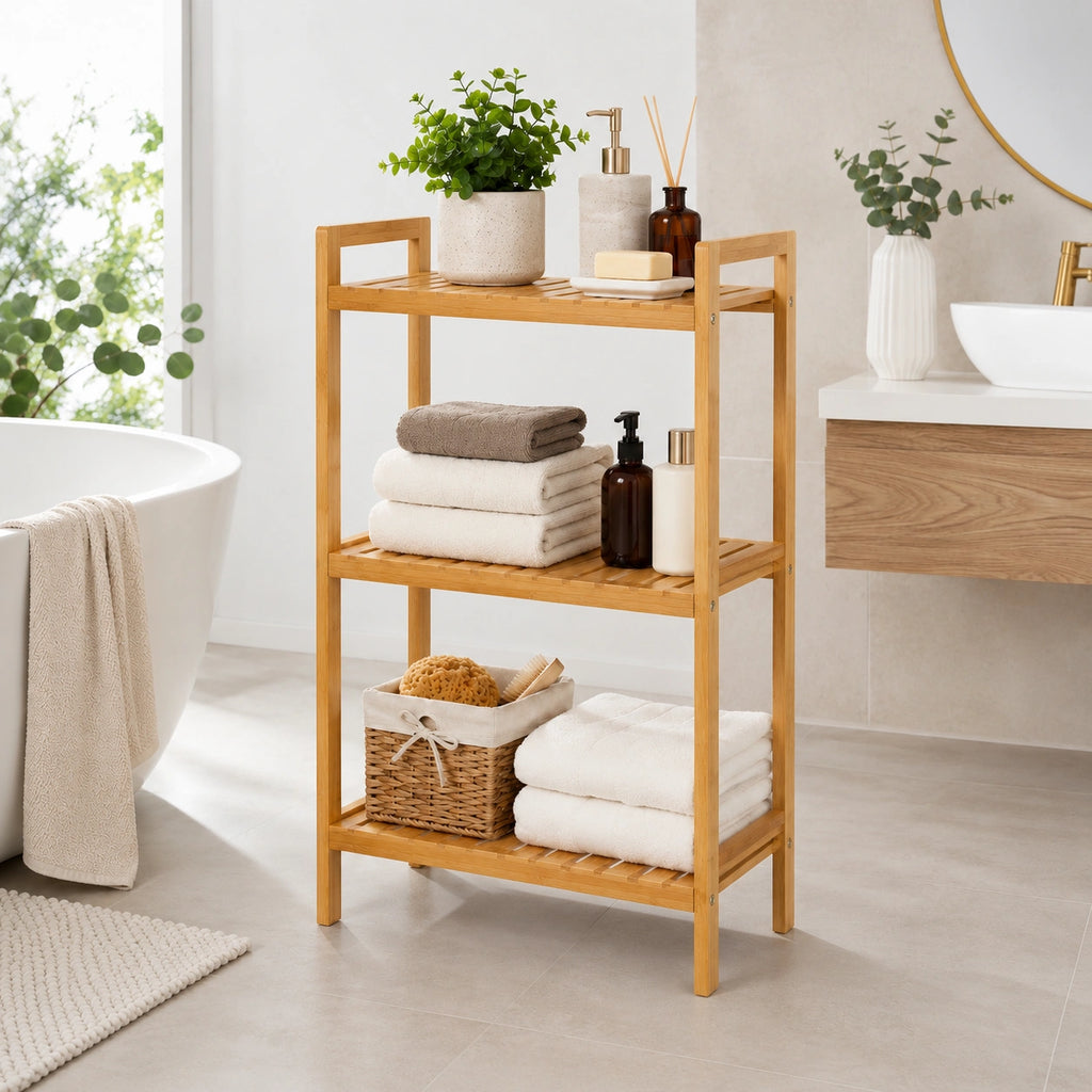 3-Tier Bamboo Bathroom Storage Shelf, Natural Brown, 40 x 28 x 72 cm