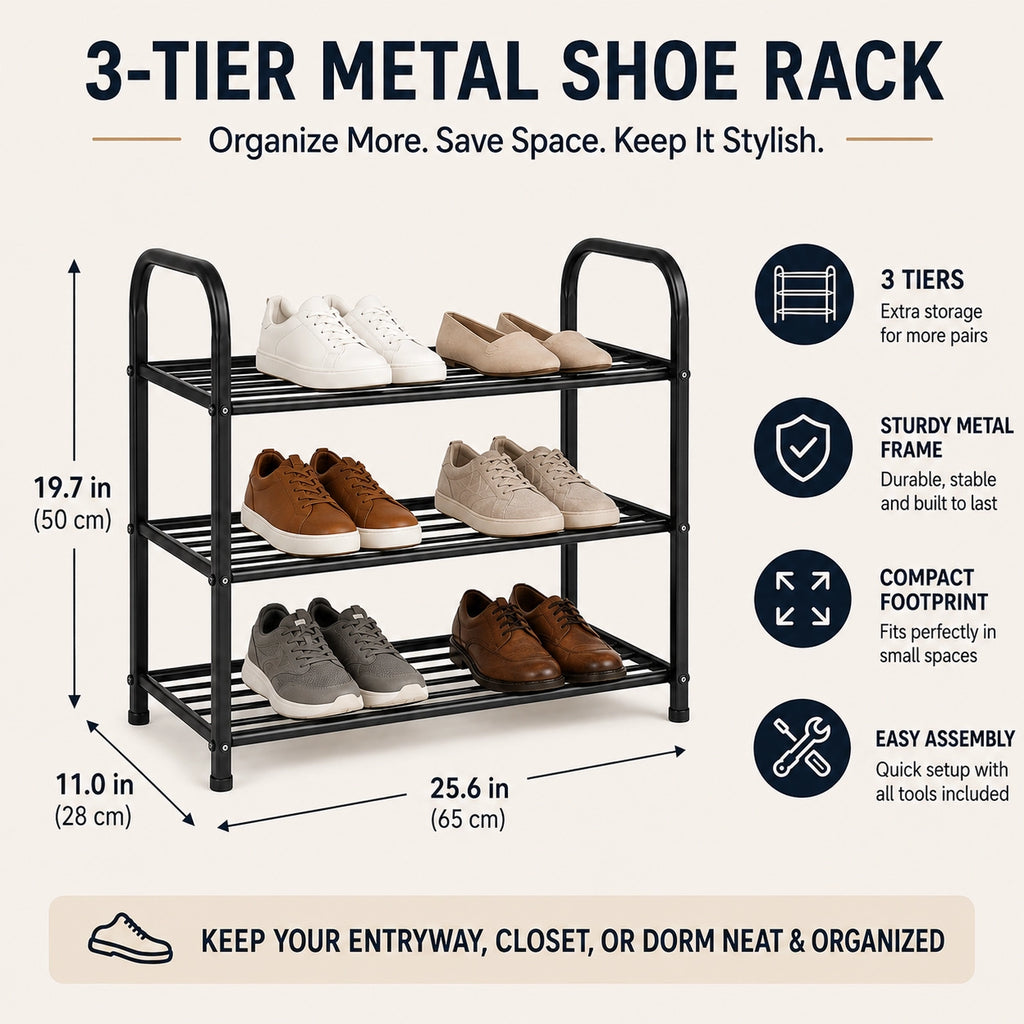 3-Tier Freestanding Metal Shoe Rack, Black, 65 x 28 x 50 cm