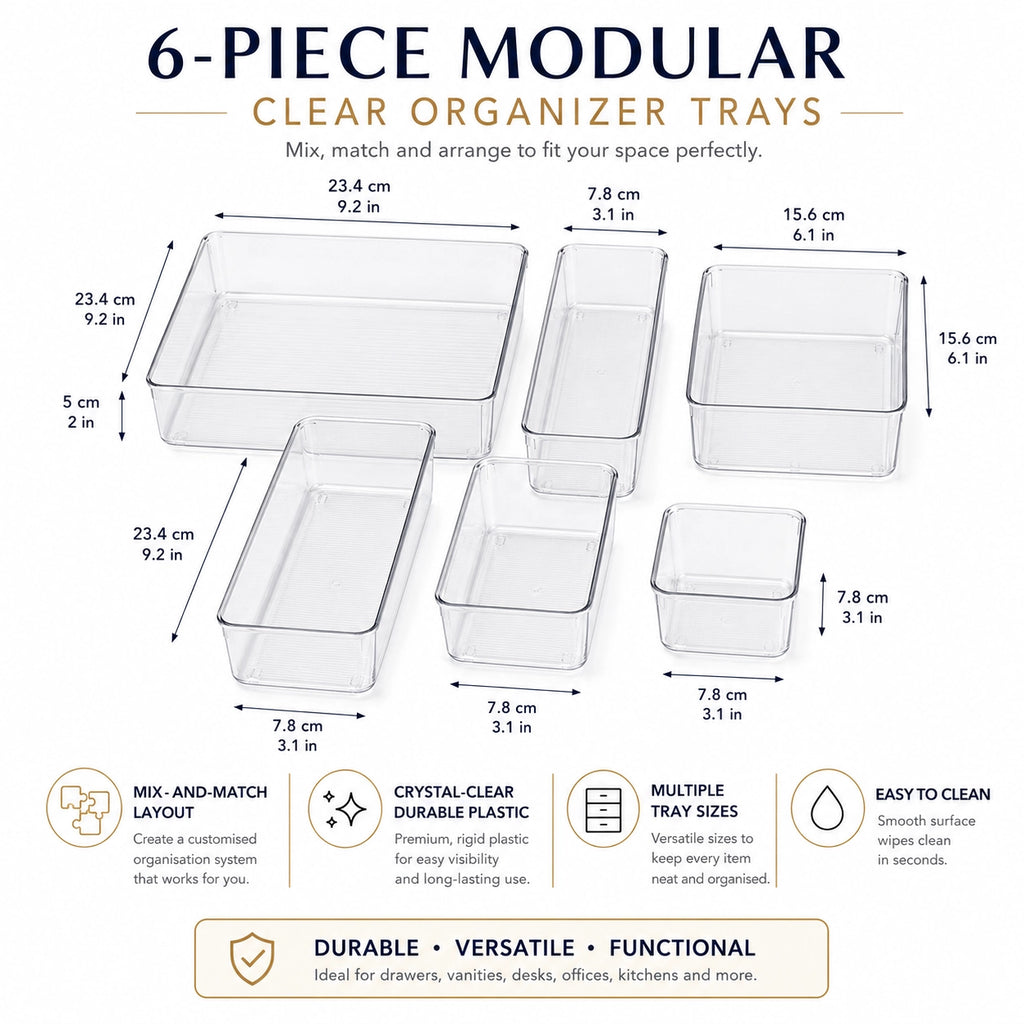 6-Piece Clear Plastic Drawer Organiser Tray Set, Assorted Sizes