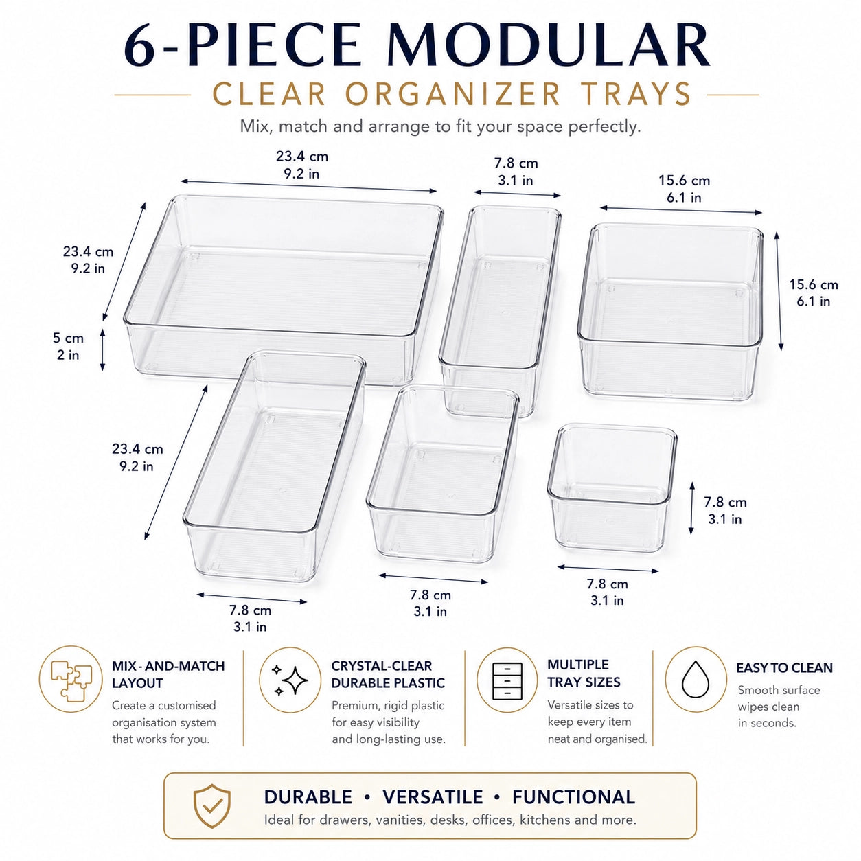 6-Piece Clear Plastic Drawer Organiser Tray Set, Assorted Sizes