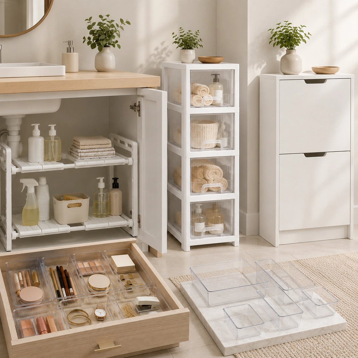 Bathroom shelving and drawer organisers displayed in a bright organised room