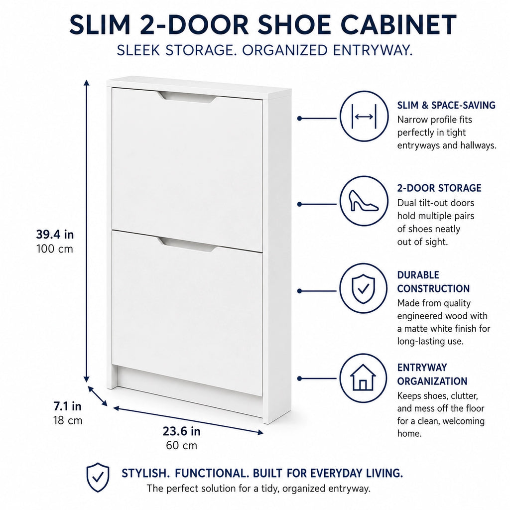 Slim 2-Door Tilt-Out Shoe Cabinet, Matte White, 23.6 x 7.1 x 39.4 in